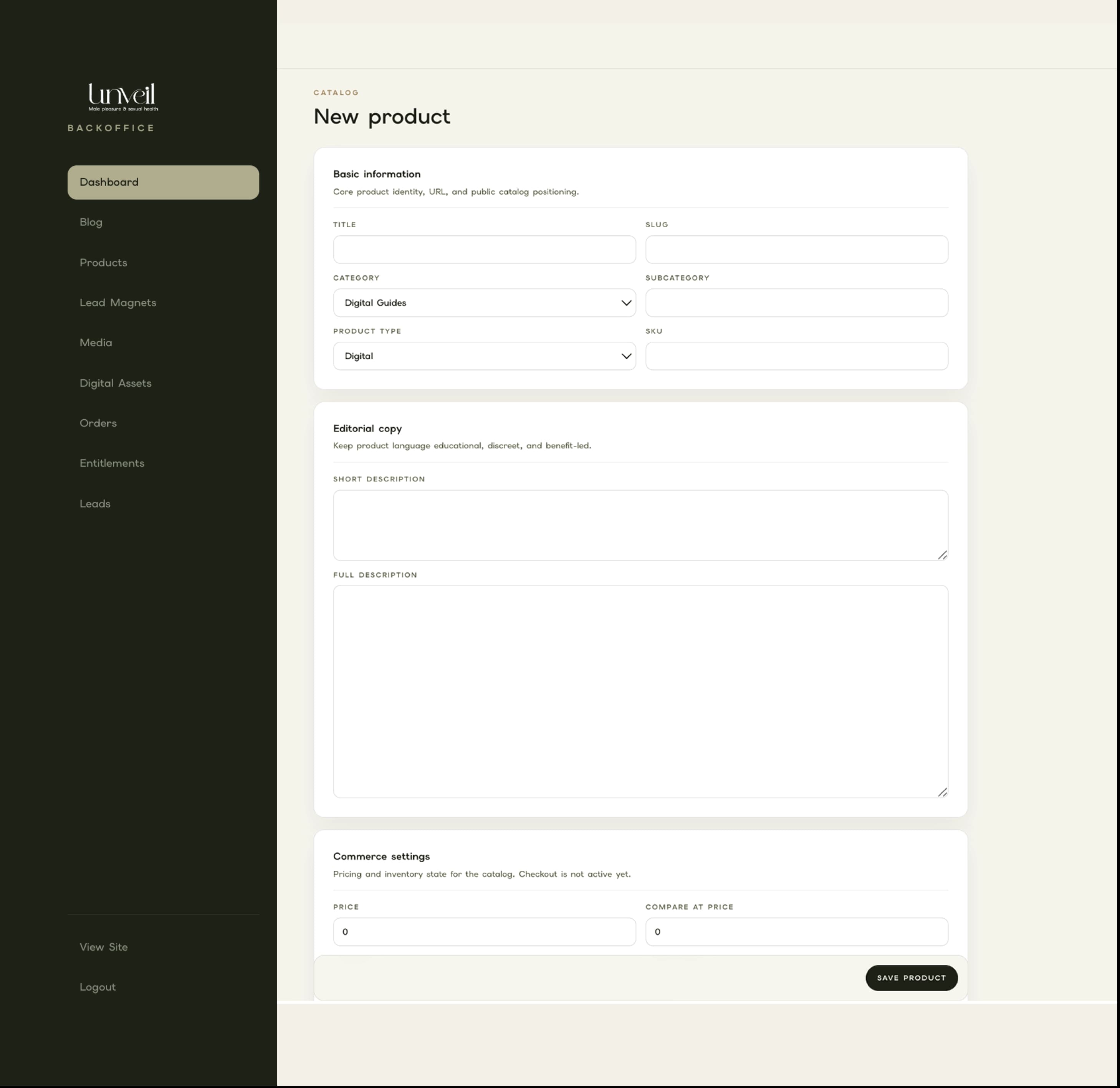 UNVEIL product management screenshot